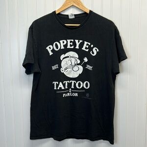 Vintage Popeye’s Tattoo Parlor Black Logo Print T‎ Shirt Sz L